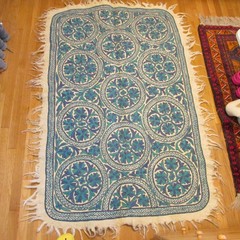 Vintage Kashmiri embroidered wool felt Namda rug large 45″x70″ Blue & White New