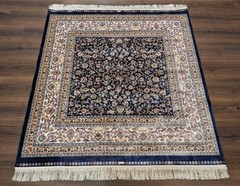 Square Turkish Silk Rug 5×5 Navy Blue Ivory Floral Fine New Bamboo Silk