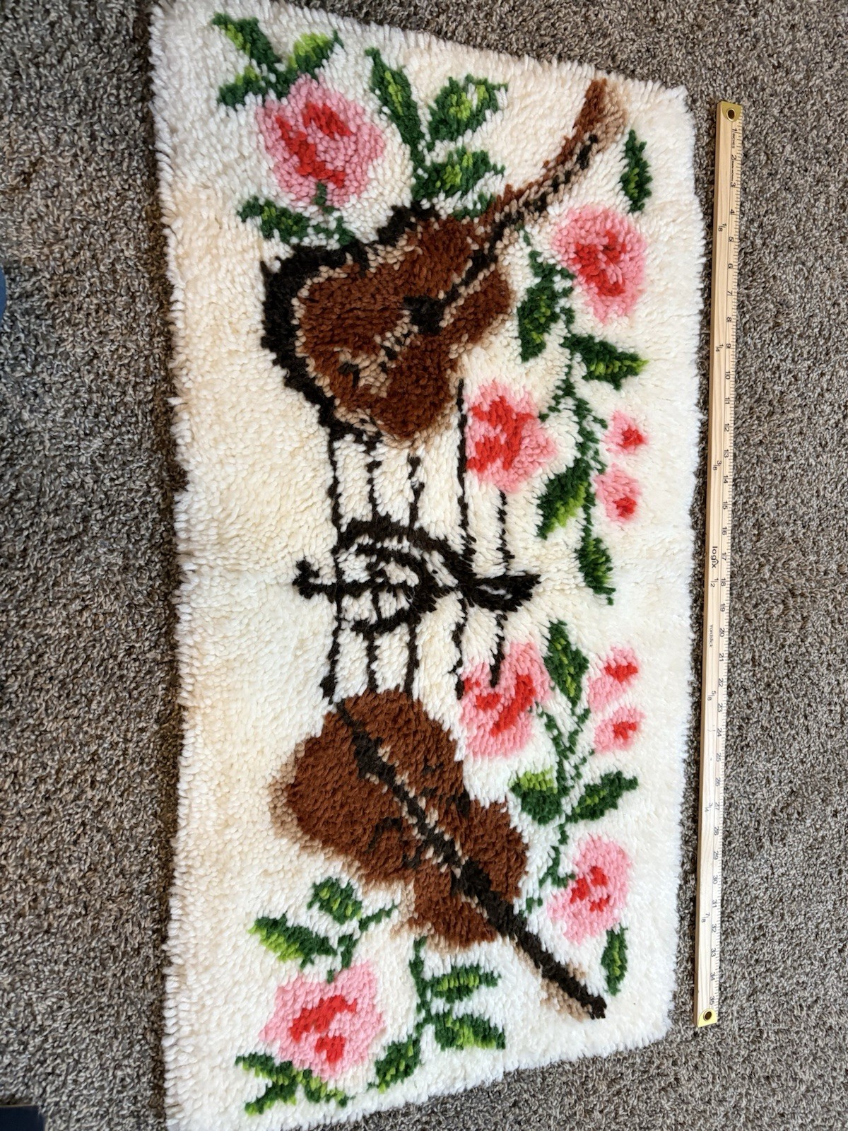 Vintage Latchhook Violin, Guitar and roses 36x19 Inches gallery