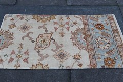 Vintage Fragment Hand Made Traditional Oriental Wool White Green Rug 121x68cm