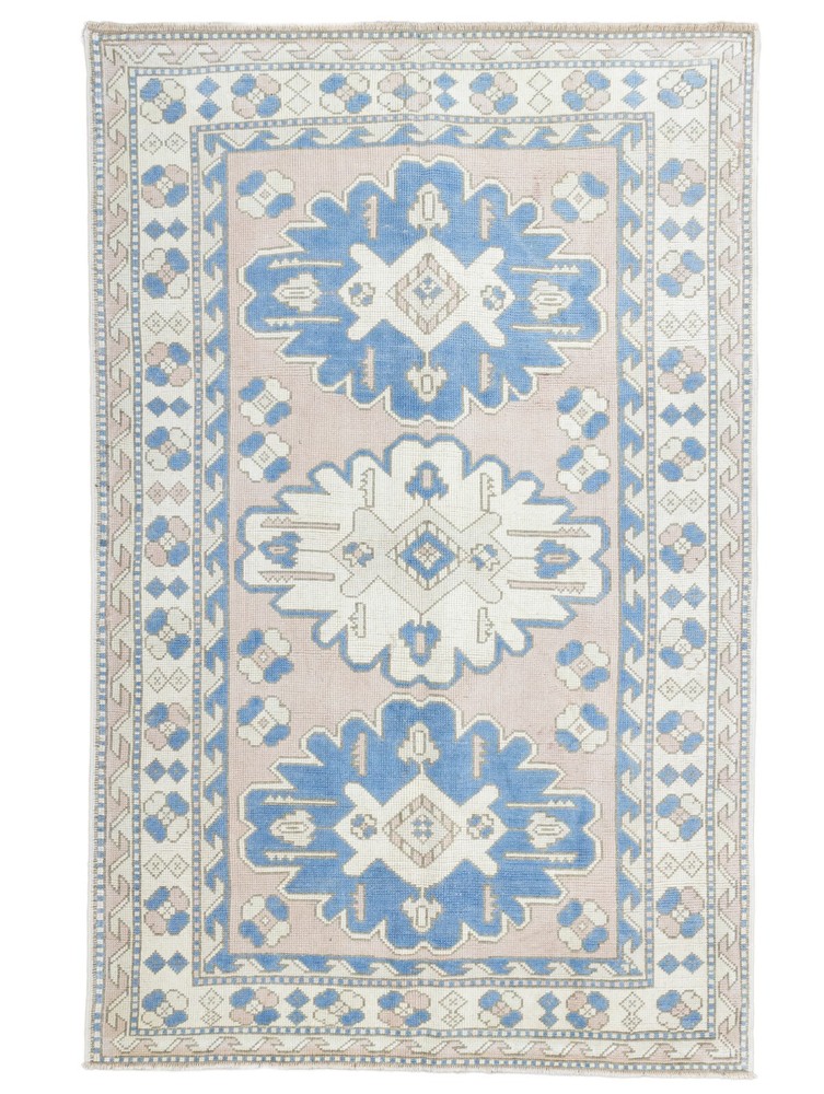 Modern Turkish Oushak Pink Blue Vintage Area Rug 4.2x6.6 ft Handmade Wool Carpet