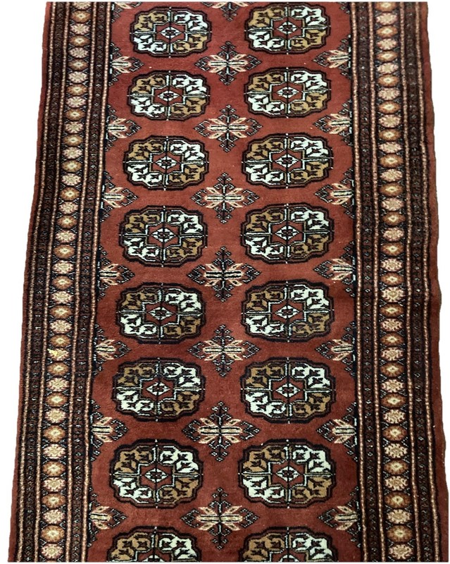 Vtg Hand Knotted BOKHARA Oriental Runner Rug-12'6"x2'7"-Rust Red-Tekke Gul Motif gallery