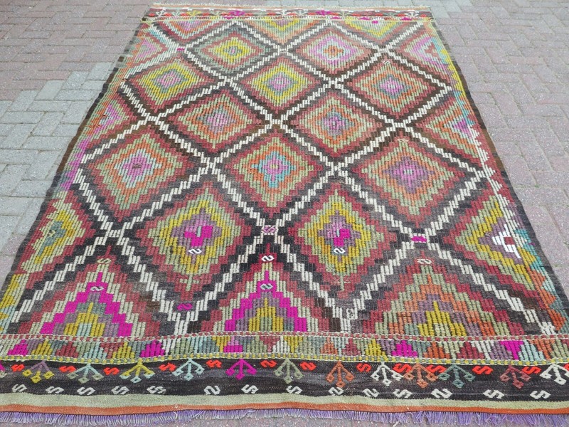 Large Bohemian Geometric Vintage Rug, Multicolor Diamonds Handwoven Rug 75"x106" gallery