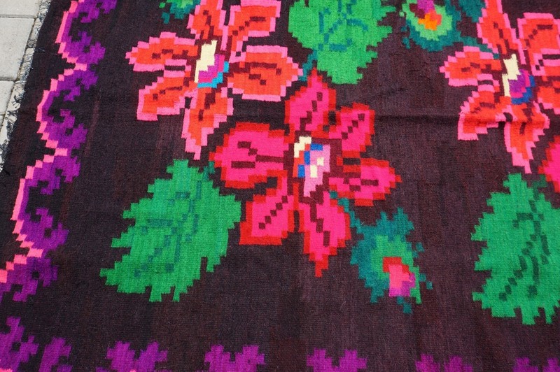 Vintage Romanian traditional rug with floral pattern, old folk wool rug gallery