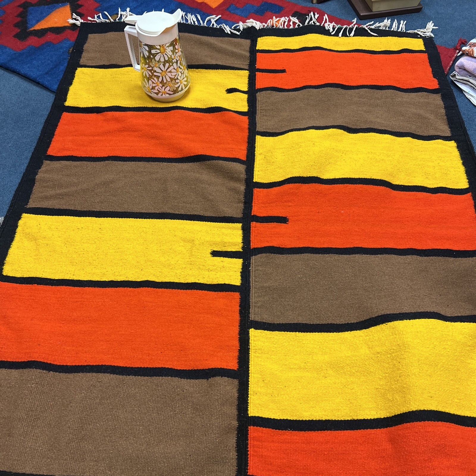 Vintage Abstract MCM Kilim Wool Rug Mid-Century 60’s Brown Orange Yellow 5x8 gallery