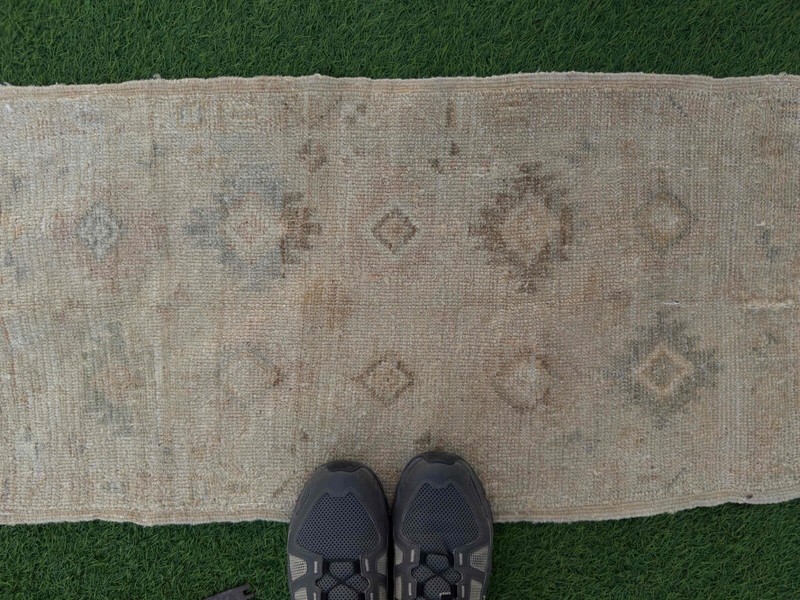 Hand-Knotted Distressed Small Vintage Rug 2x3 Beige Geometric House Decor Carpet gallery