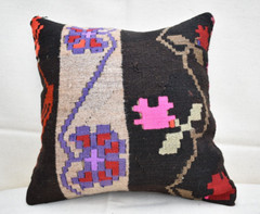 Turkish Kilim Pillow Cover Sofa Rug 16”x16” Decorative Handmade Cushion Cover