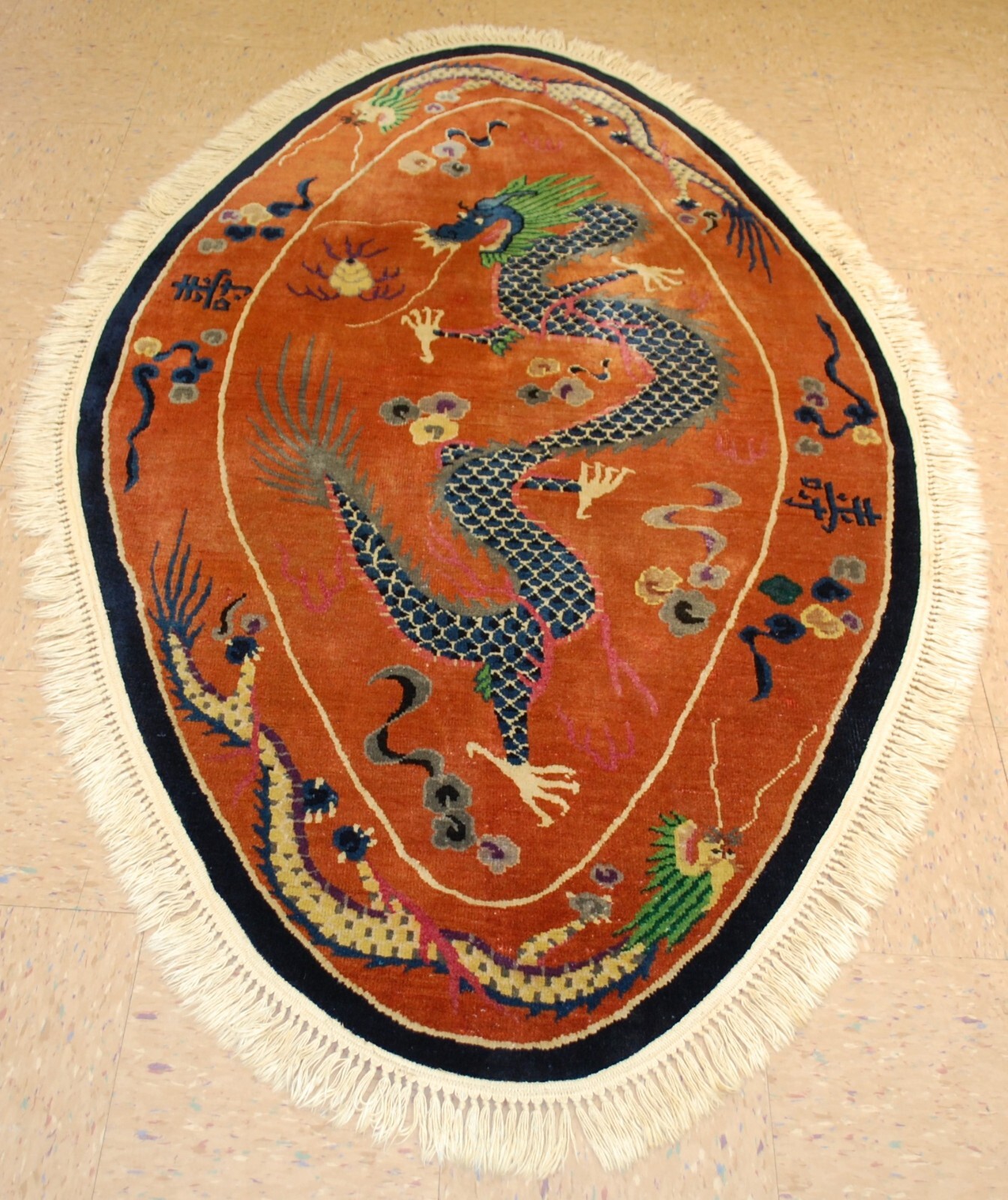 C1910s ANTIQUE ART DECO CHINESE RUG,OVAL 3.9 X 6.9 RARE DRAGON DESIGN gallery