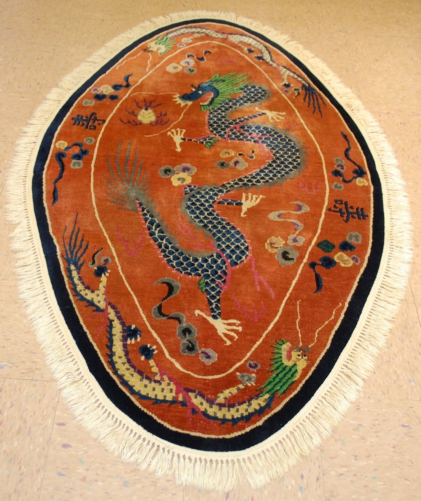 C1910s ANTIQUE ART DECO CHINESE RUG,OVAL 3.9 X 6.9 RARE DRAGON DESIGN