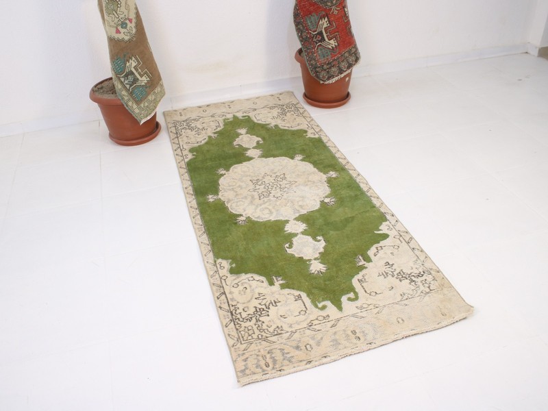 Vintage Turkish Accent Rug 2.7x6.6 ft | Handmade Wool Green Beige Rug | 83x203 gallery