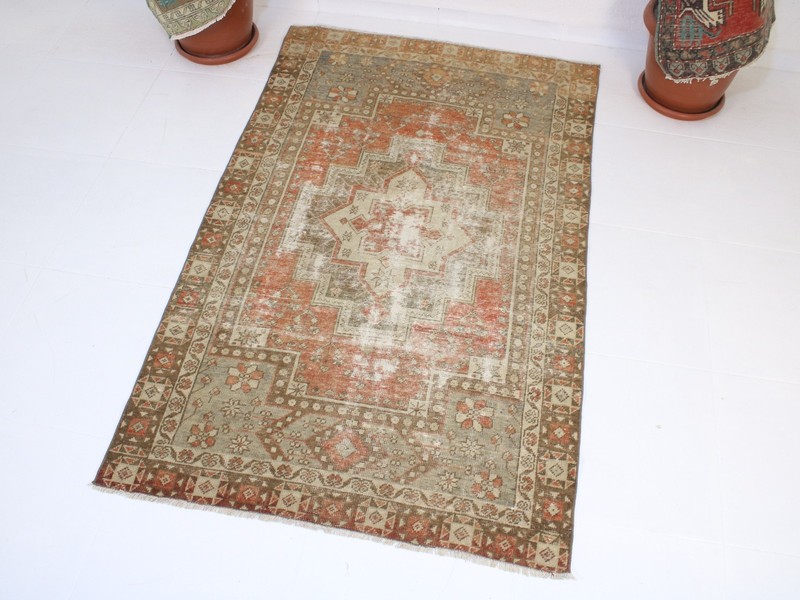Vintage Turkish Area Rug 4x6 ft | Handmade Wool Red Beige Rug |3.6 x 5.8 ft gallery