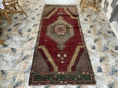 Vintage Turkish Rug | Burgundy Handmade Wool Geometric Antique Anatolian 3.2×7.7