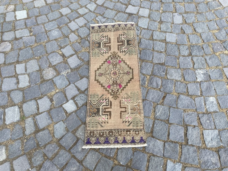 Vintage Turkish Rug, Hand-Knotted Wool, Sand Beige Tribal Small Runner Doormat gallery
