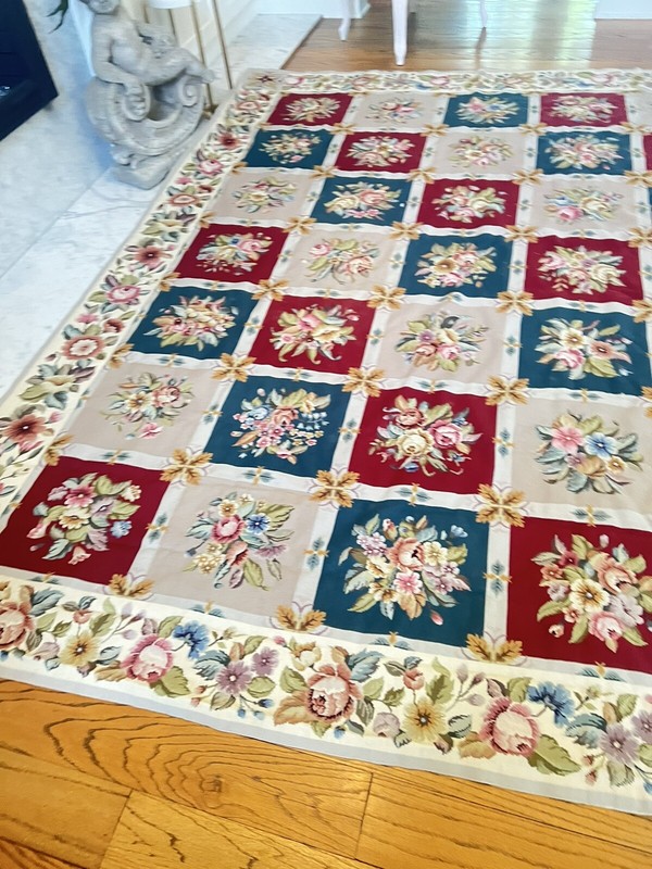 Aubusson Rug Needlepoint 7.5 X 9.5" Flowers Checker Roses Large gallery