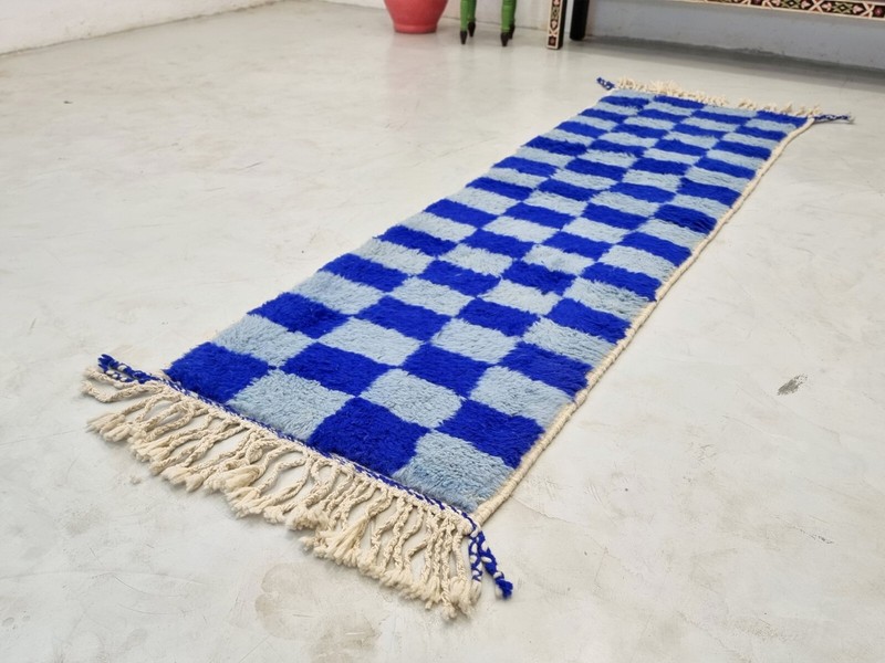 Moroccan Handmade Beni Ourain Runner 2'1x7'2 Berber Checkered Blue Wool Carpet gallery