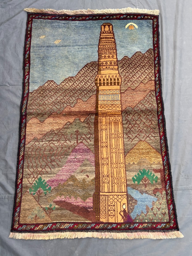 Blue Beige Minar Rug 3'1x4'8 Hand Knotted Caucasian Tribal Pictorial Wool Rug
