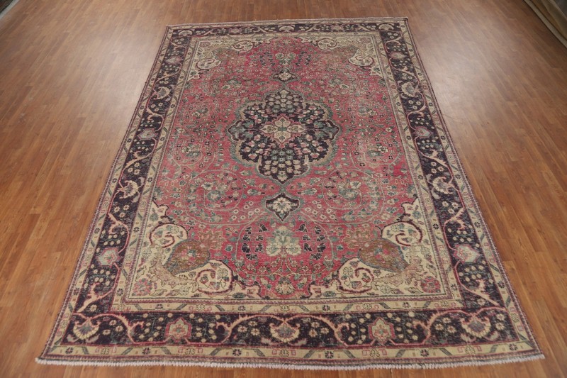 Floral Pink Distressed Traditional Vintage Area Rug Wool Handmade Rug 8x11 ft gallery
