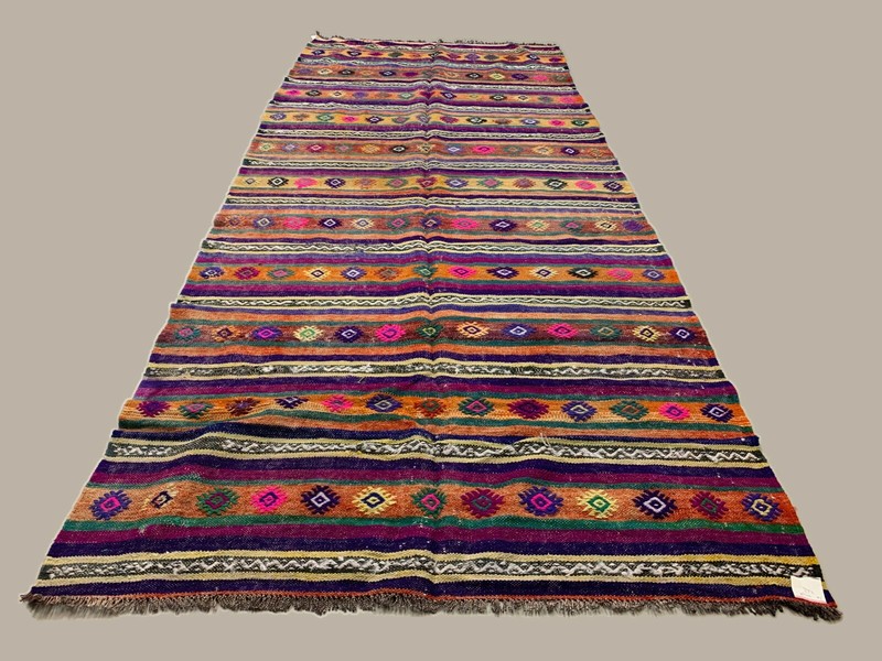 Colourful Vintage Turkish Kilim 318x138 cm Kelim Rug Wool Red Green Black Large gallery