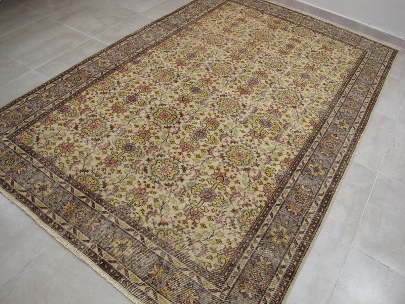 Vintage Yellow Handmade Floral Rug Large Oriental Distressed Wool Rug Carpet gallery
