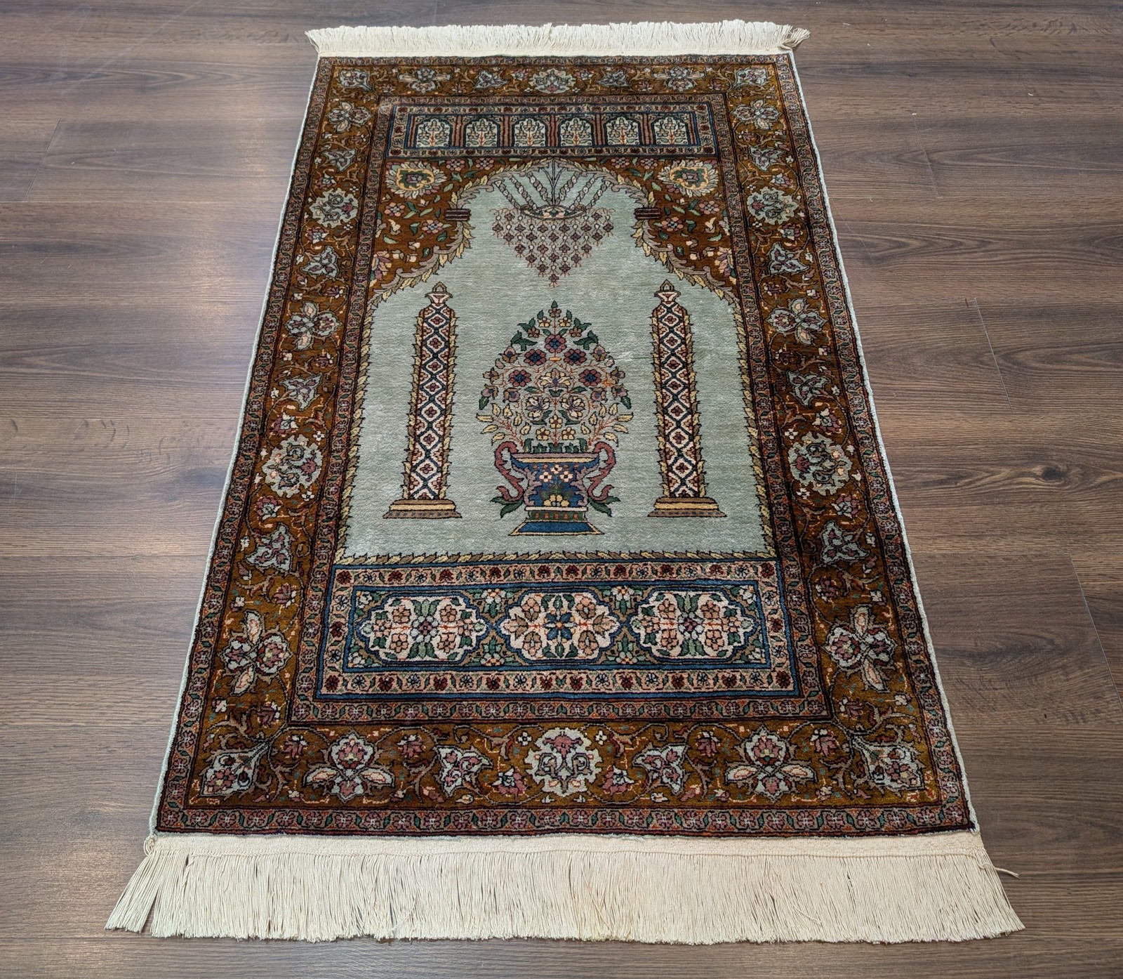 Silk Turkish Kayseri Prayer Rug, Light Mint Green, Fine 360 KPSI, Handmade gallery