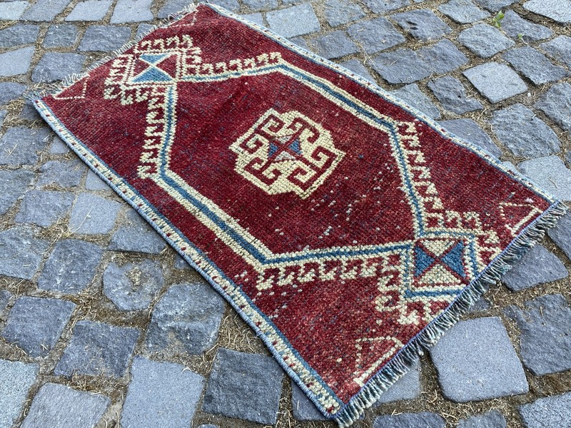 Vintage Turkish Rug, Hand-Knotted Wool, Ruby Red Ivory Muted Boho Accent Rug gallery