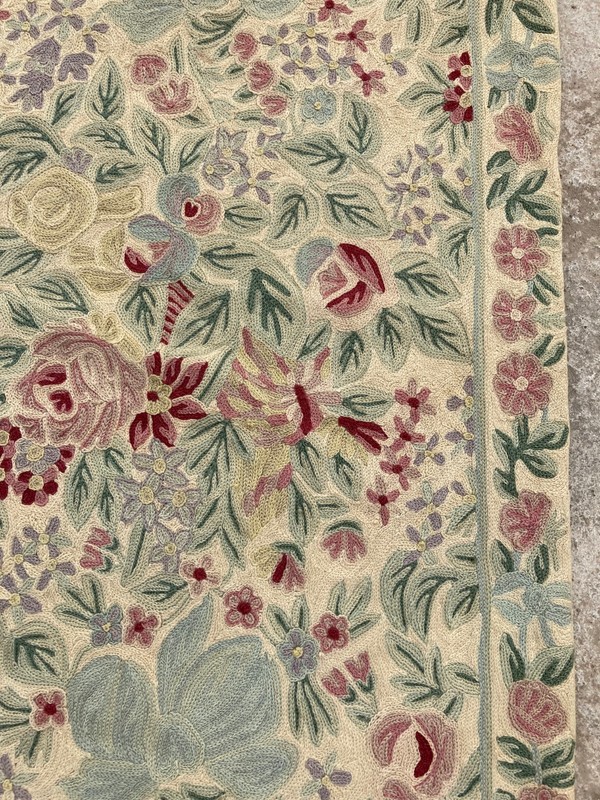 Vintage Handmade Kashmir French Floral Wool Chain Stitch Rug 90x59 cm gallery