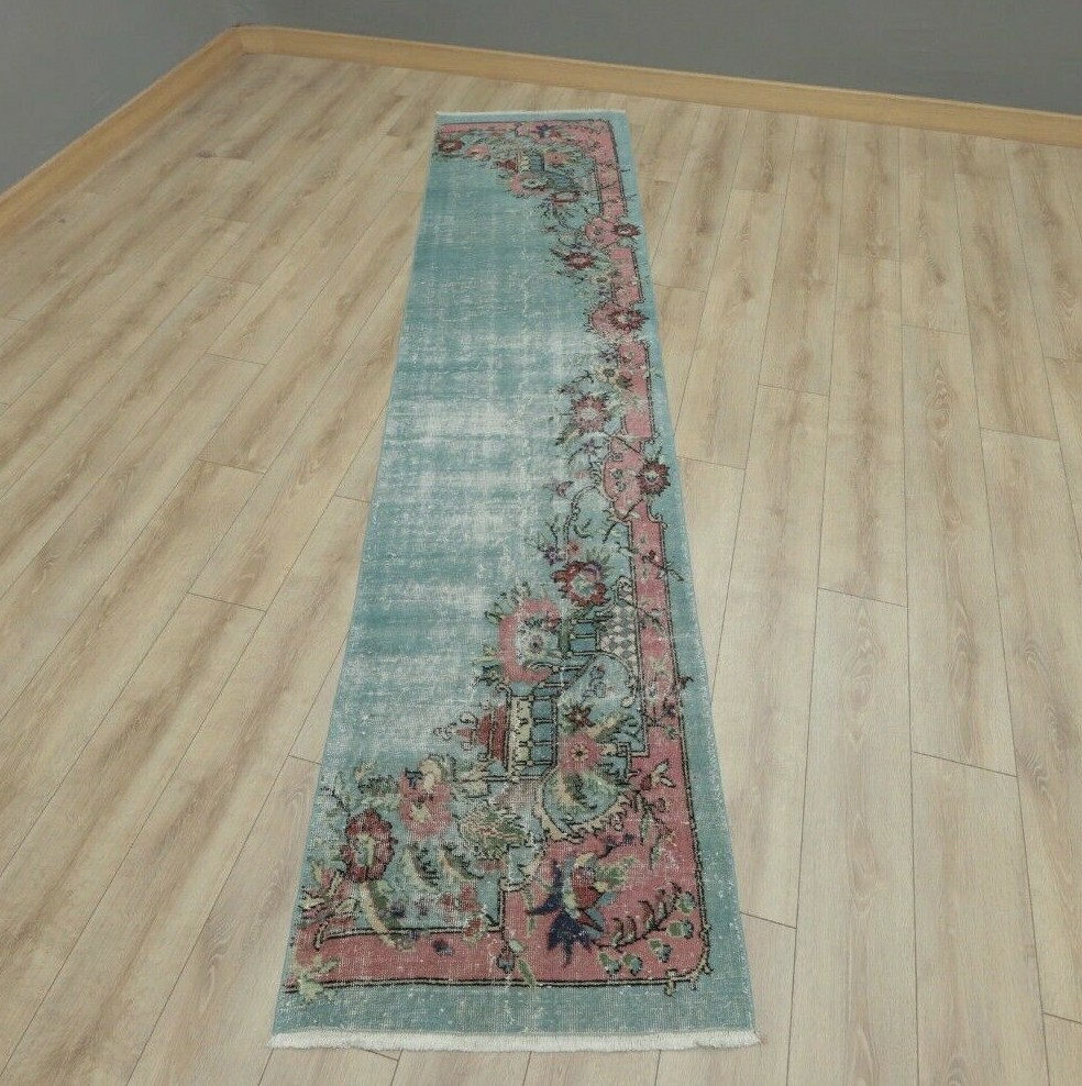 Turquoise Runner Rug Anatolian Oriental Handmade Vintage Floral Carpet 2x10 ft gallery