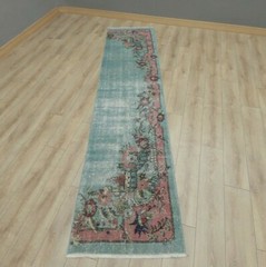 Turquoise Runner Rug Anatolian Oriental Handmade Vintage Floral Carpet 2×10 ft