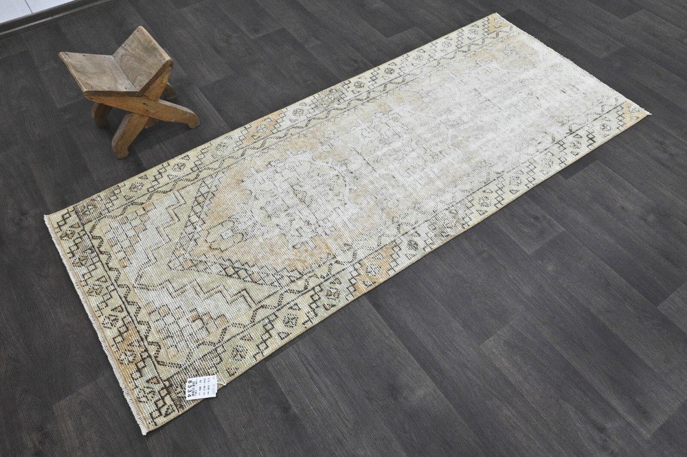 Vintage Turkish Runner Rug 3x7ft Wool Anatolian Handmade Hallway Oushak BEIGE