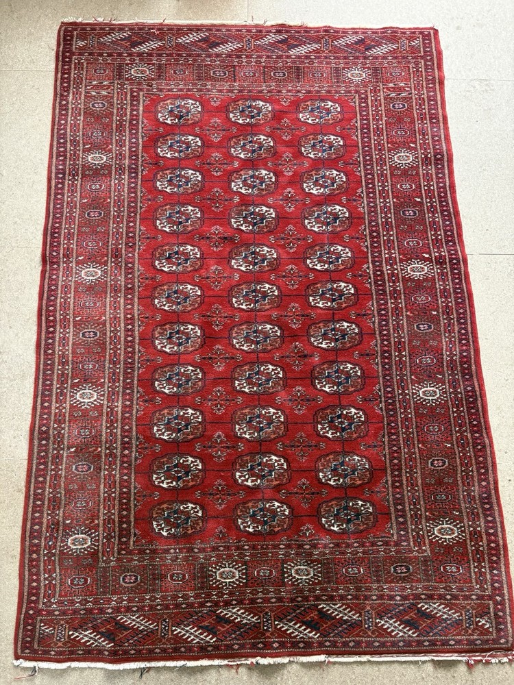 Vintage Hand Knotted Afghan Turkmen Rug 1.2x1.9m Red Wool Tribal Bukhara Carpet