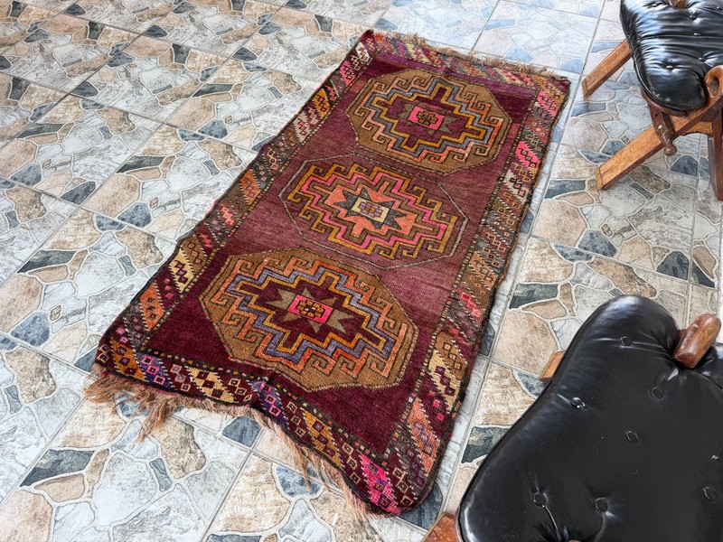 Area Vintage Turkish Rug | Geometric Tribal Accent Hand-Knotted Wool 3x5.5 ft gallery