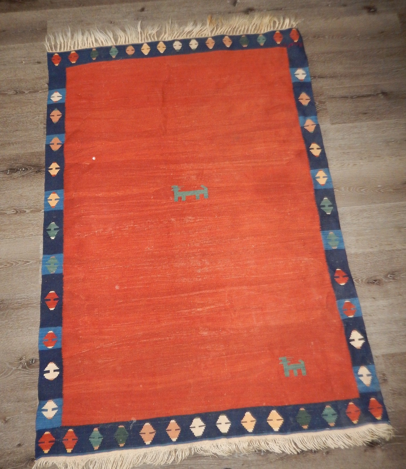 Vintage Hand Woven Dog Rug Wool Orange Blue Tan Wall Hanging 68"x46" Recep C gallery