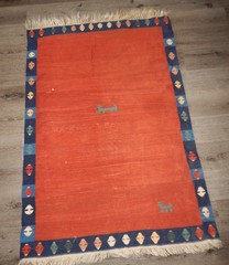 Vintage Hand Woven Dog Rug Wool Orange Blue Tan Wall Hanging 68″x46″ Recep C