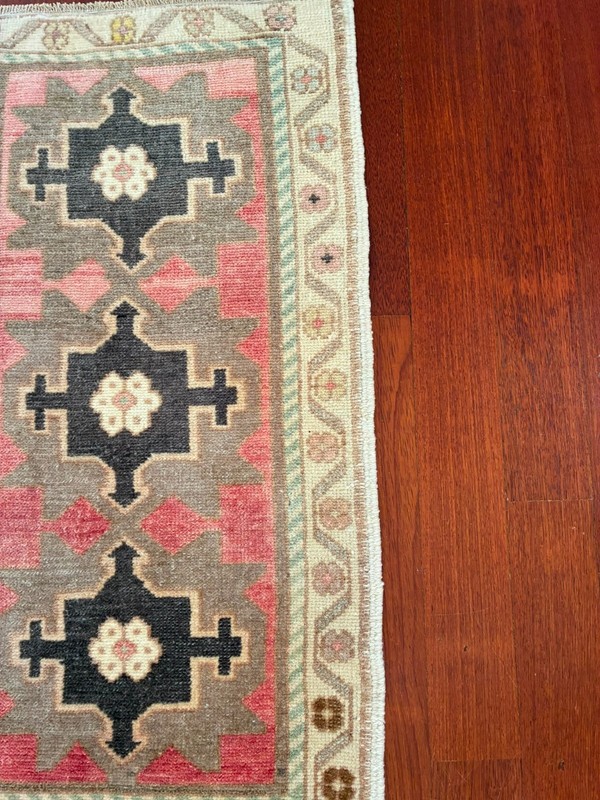 Triple Medallion 2x3 Pink Charcoal Wool Hand Knotted Vintage Turkish Rug Mat gallery