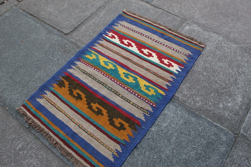 Vintage Traditional Hand Made Oriental Wool Blue Brown Small Kilim 98x63cm gallery