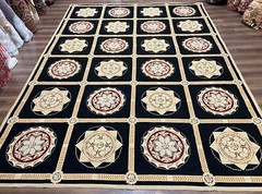Large Needlepoint Rug 10×13 Panel Design Black and Beige Carpet English Garden
