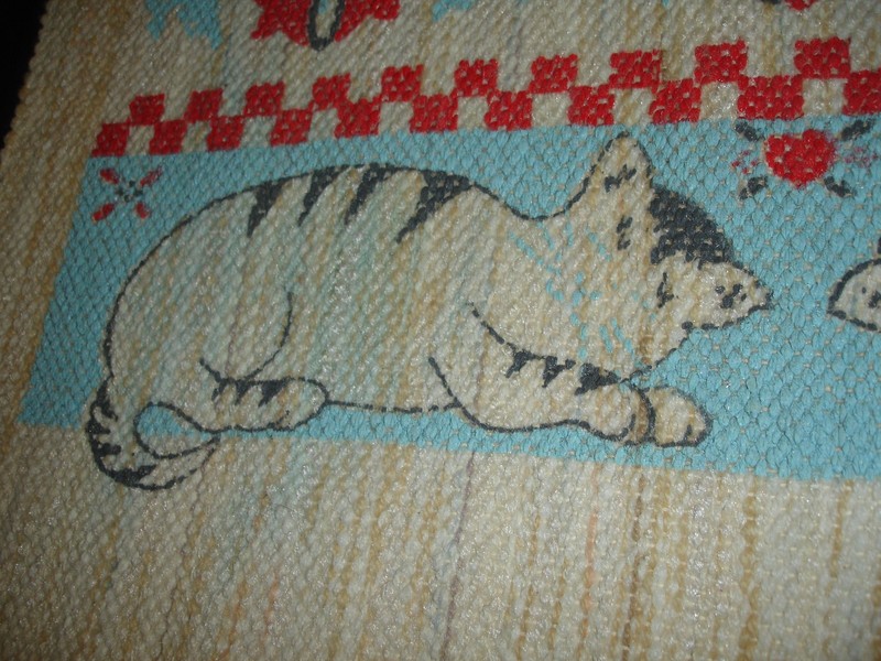 Vintage Hand Woven Cat Rug 22x30 Black & White Cats w/Red White Blue Background gallery