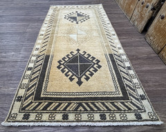 2×4 Beige Black Medallion Vintage Turkish Rug, Hand-Knotted Wool Small Area Rug
