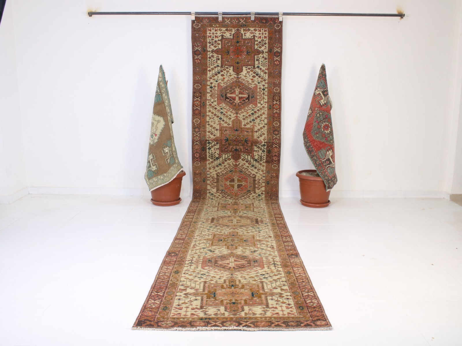3x14 Ft Brtown White Runner Rug, Handmade Turkish Rug, Vintage Runner, 2.8x13.7 gallery