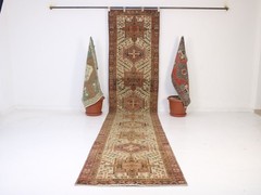 3×14 Ft Brtown White Runner Rug, Handmade Turkish Rug, Vintage Runner, 2.8×13.7