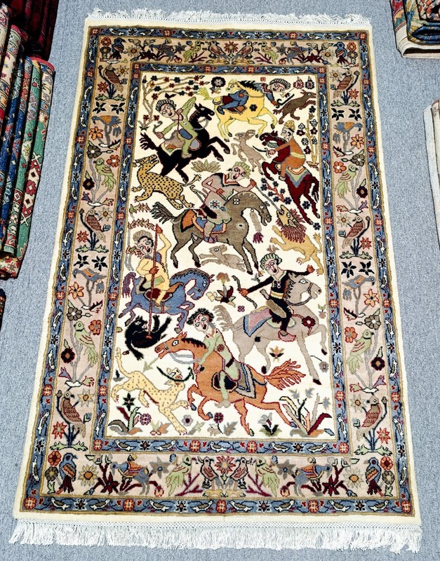 Vintage Kashmiri Hunting Scene Pictorial Rug Hand Knotted Wool 4x6.3 ft gallery