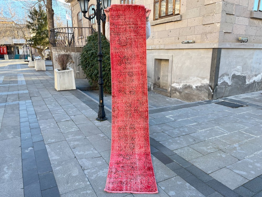 Overdyed 1.7x9.2 ft Vintage Turkish Runner Rug – Red Distressed Hallway
