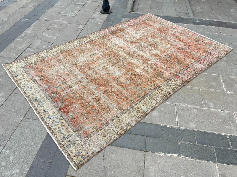 Vintage Turkish Oushak Rug 5.8x9.3 ft Distressed Beige Terracotta Wool gallery
