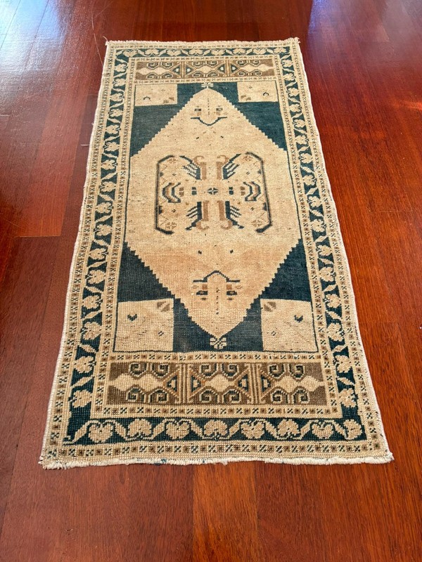 Anatolian 2x4 Accent Runner Blue Cream Brown Wool Vintage Hand Knotted Rug gallery