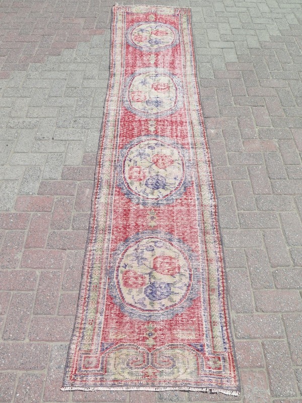 Long Floral Vintage Carpet Runner, Handwoven Distressed Multicolor Rug 26"x109" gallery