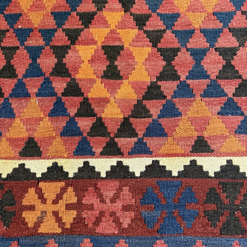 Vintage Handwoven Wool Kilim Rug – Bold Tribal Geometric Design 66” x 100” gallery