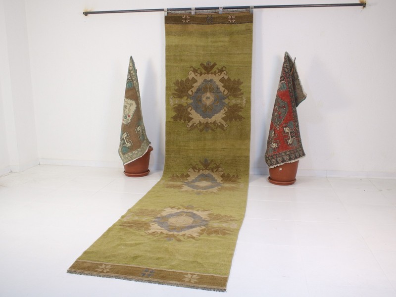 3x13 Green Runner Rug, Handmade Turkish Rug, Vintage Geometric Rug, 3.1x12.5 Ft gallery
