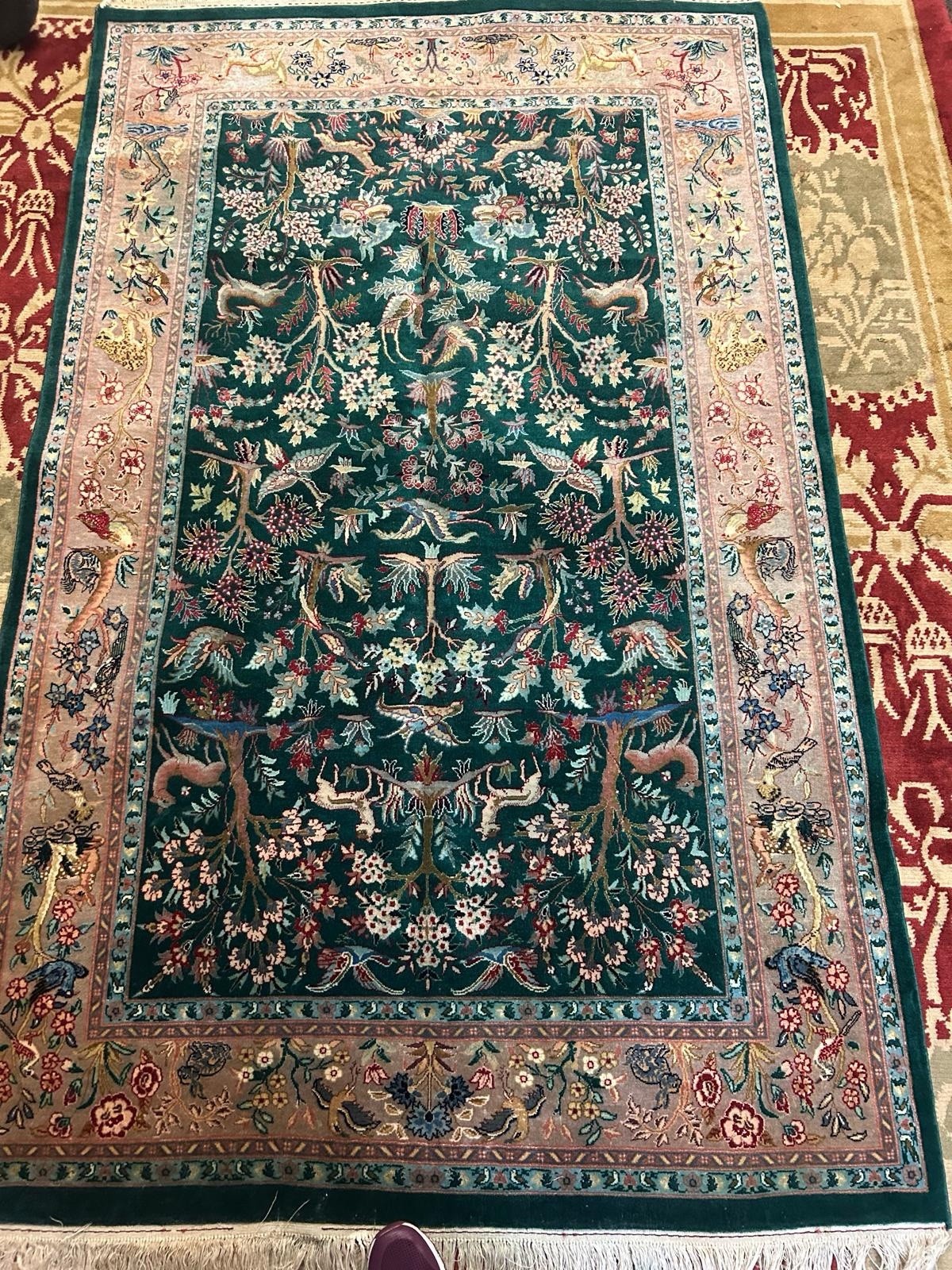 Rug 7.8x4.7 Feet Authentic Oriental Carpet Wool Silk Animal Motifs Handmade gallery