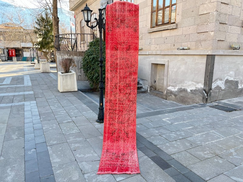 Vintage Turkish Oushak Runner Rug 1.6x9.1 ft Red Distressed Hand Knotted Wool gallery
