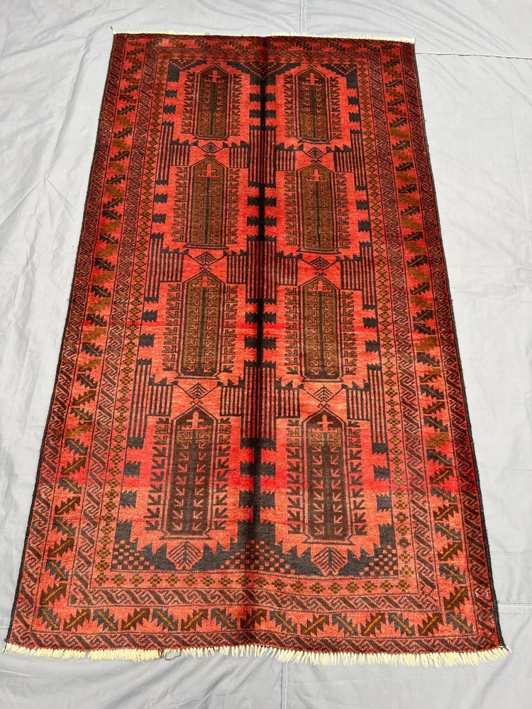3'6x6'3 ft Vintage Afghan Baluchi Hand-Knotted Rug, Red & Black Geometric Rug